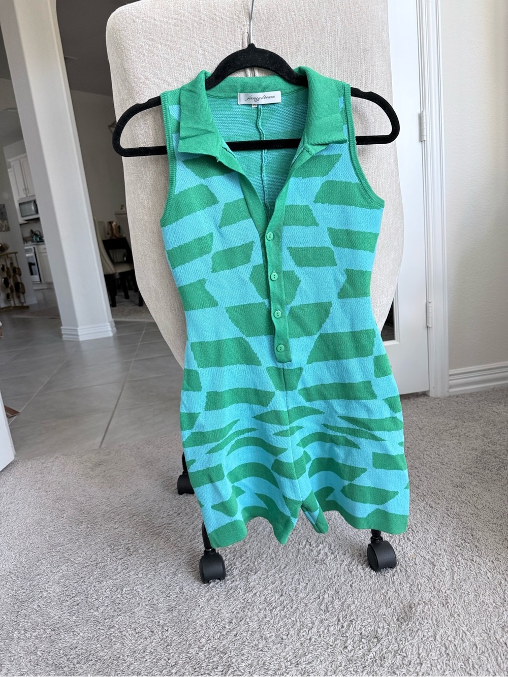 Sleeveless Polo Knit Romper in Aqua and Green